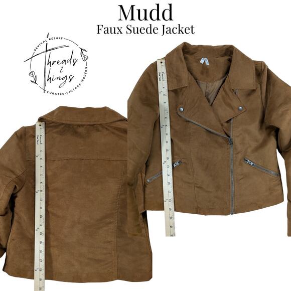 Mudd Jacket Women's Lg Brown Faux Suede Moto Short Zip Pockets Fall Autumn Light - Picture 8 of 12